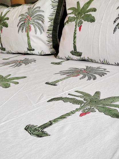 Green Palm Tree Block Printed Bedsheet with Two Reversible Pillow Covers