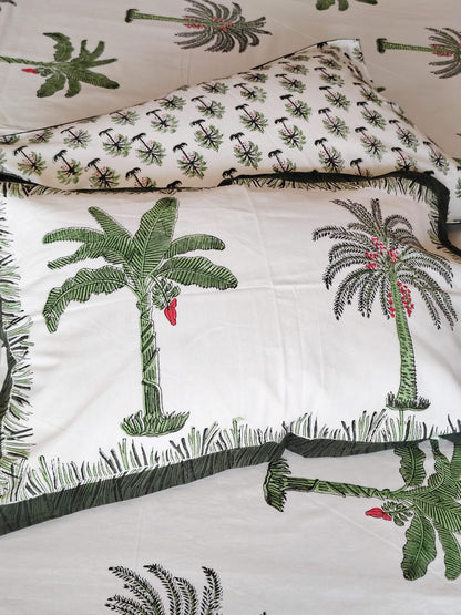 Green Palm Tree Block Print Bedsheet and Bedcover - 4 Piece Combo