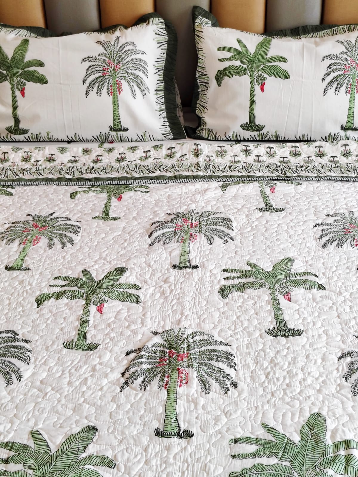 Green Palm Tree Block Print Bedsheet and Bedcover - 4 Piece Combo
