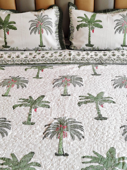 Green Palm Tree Block Print Bedsheet and Bedcover - 4 Piece Combo