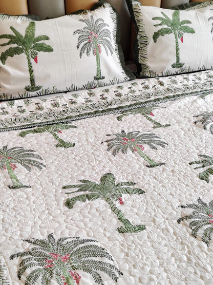 Green Palm Tree Block Print Bedsheet and Bedcover - 4 Piece Combo