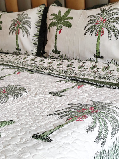 Green Palm Tree Block Print Bedsheet and Bedcover - 4 Piece Combo