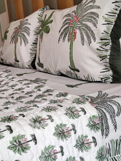 Green Palm Tree Block Print Bedsheet and Bedcover - 4 Piece Combo