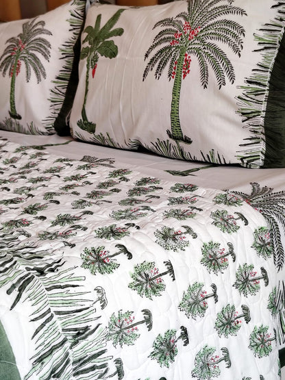 Green Palm Tree Block Print Bedsheet and Bedcover - 4 Piece Combo