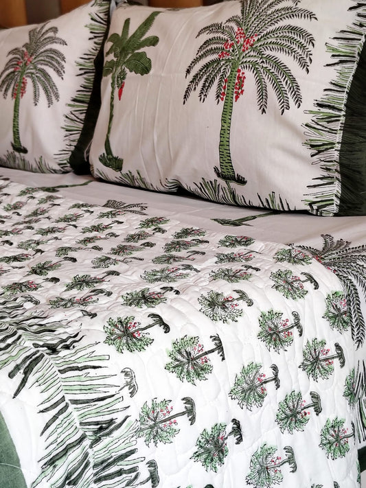 Green Palm Tree Block Print Bedsheet and Bedcover - 4 Piece Combo