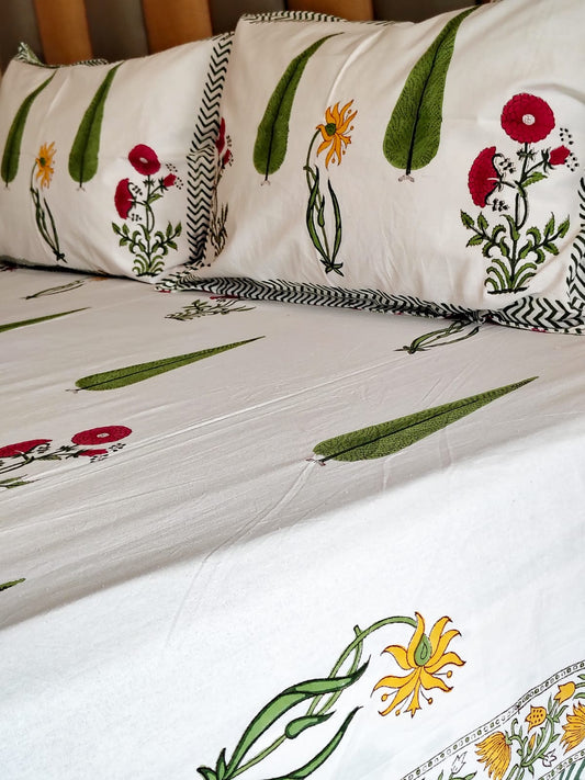 Begum White Forest Block Bedsheet with Two Reversible Pillow Covers