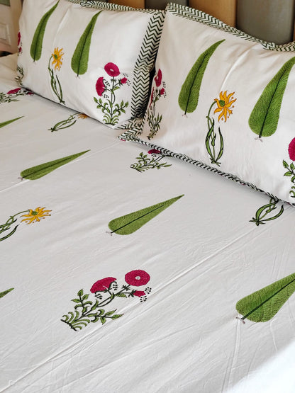 Begum White Forest Block Bedsheet with Two Reversible Pillow Covers