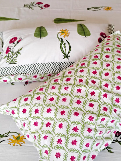 Begum White Forest Block Bedsheet with Two Reversible Pillow Covers