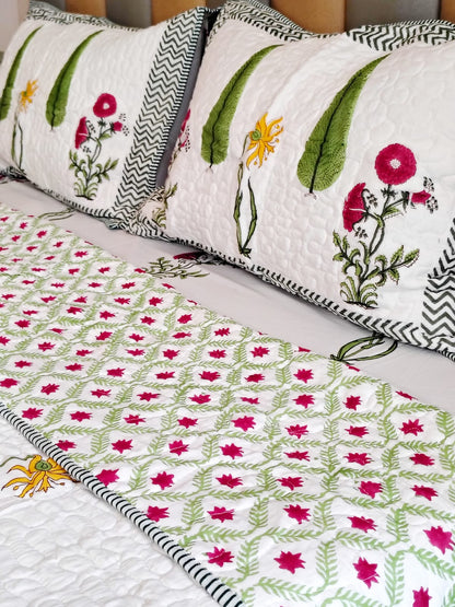 White Forest Block Print Bedsheet and Bedcover Combo - 6 Piece Combo