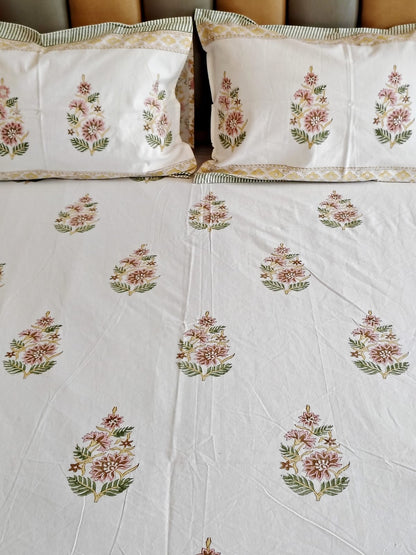 White Kamal Block Printed Bedsheet Set with Two Reversible Pillow Covers