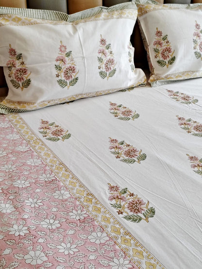 White Kamal Block Printed Bedsheet Set with Two Reversible Pillow Covers