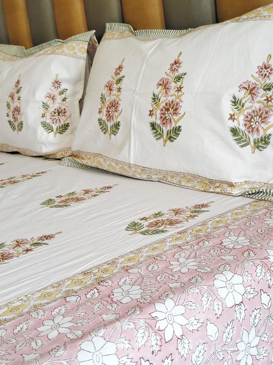 White Kamal Block Printed Bedsheet Set with Two Reversible Pillow Covers