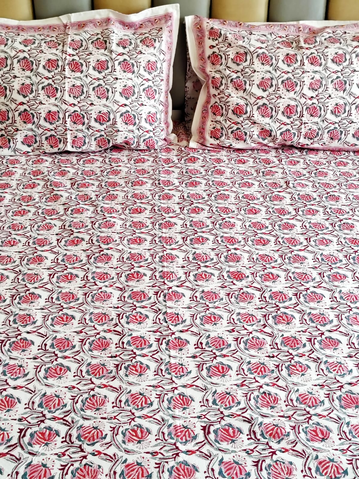 Red Lily Hand Block Bedsheet with Two Reversible Pillow Covers