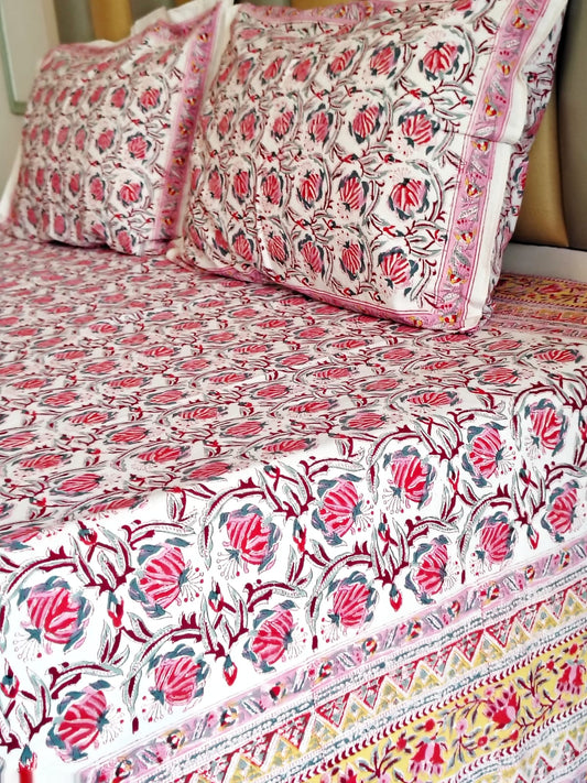 Red Lily Hand Block Bedsheet with Two Reversible Pillow Covers