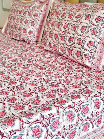 Red Lily Hand Block Bedsheet with Two Reversible Pillow Covers