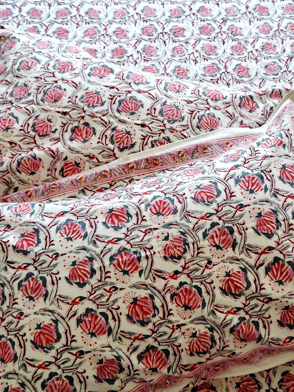 Red Lily Hand Block Bedsheet with Two Reversible Pillow Covers