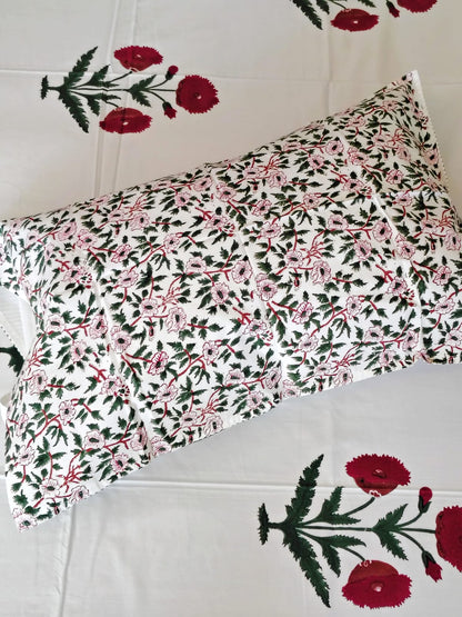 Begum Red Block Printed Bedsheet with Two Reversible Pillow Covers