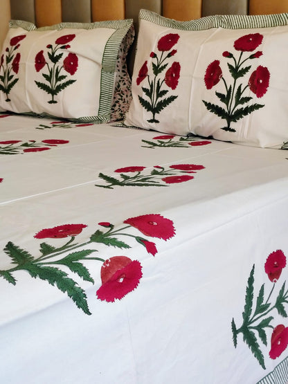 Begum Red Block Printed Bedsheet with Two Reversible Pillow Covers