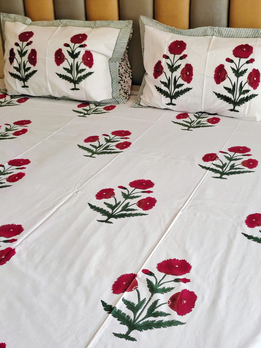 Begum Red Block Printed Bedsheet with Two Reversible Pillow Covers