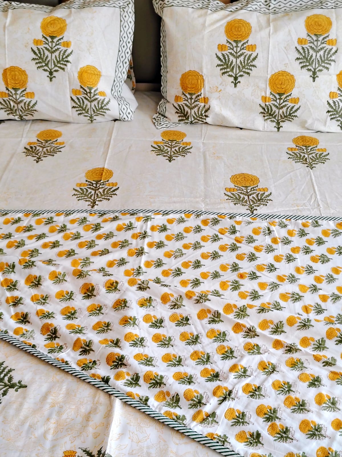 Yellow Genda Hand Block Matching Bedsheet & Dohar Set