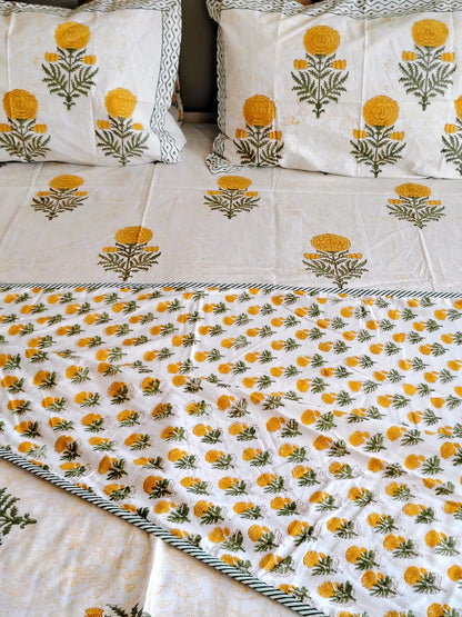 Yellow Genda Hand Block Matching Bedsheet & Dohar Set