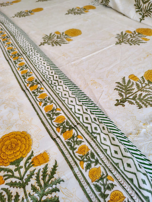 Yellow Genda Hand Block Matching Bedsheet & Dohar Set