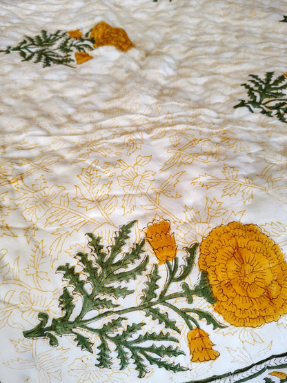 Yellow Genda Hand Block Reversible Double Bed Quilt
