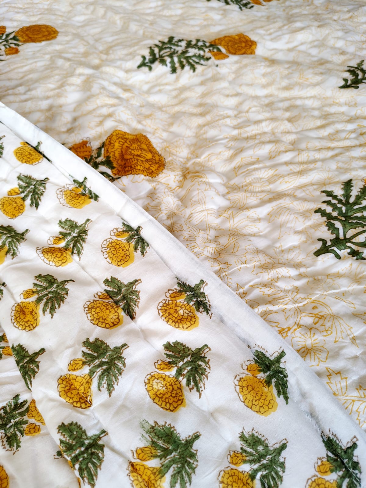 Yellow Genda Hand Block Reversible Double Bed Quilt