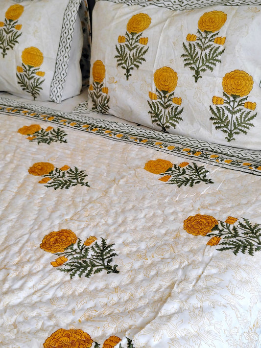 Yellow Genda Hand Block Print Bedsheet & Quilt Set