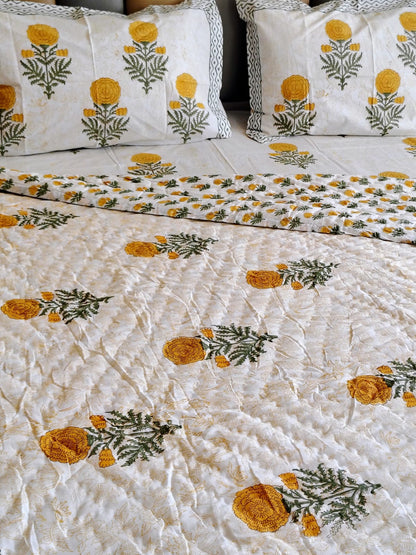Yellow Genda Hand Block Print Bedsheet & Quilt Set