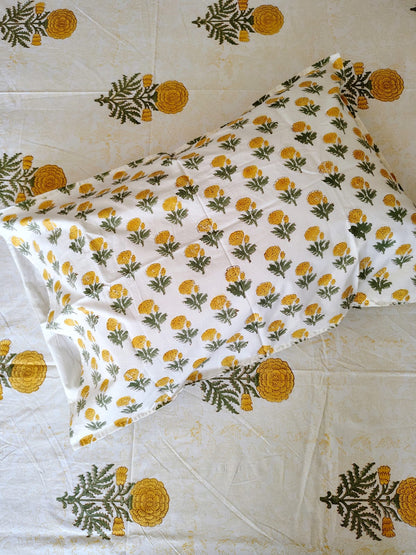 Yellow Genda Hand Block Print Bedsheet & Quilt Set