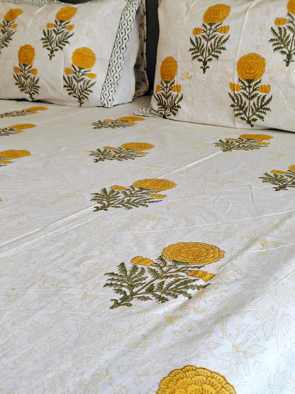 Yellow Genda Block Printed Bedsheet with Two Reversible Pillow Covers
