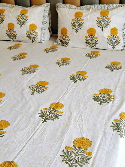 Yellow Genda Block Printed Bedsheet with Two Reversible Pillow Covers