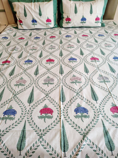 Mughal Block Printed Bedsheet with Two Reversible Pillow Covers