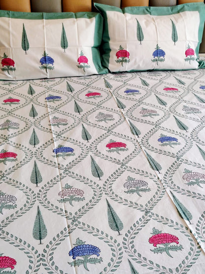 Mughal Block Printed Bedsheet with Two Reversible Pillow Covers