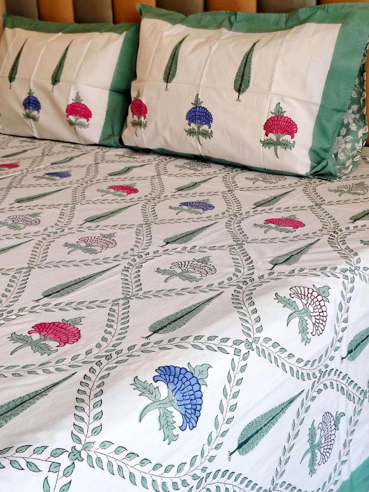 Mughal Block Printed Bedsheet with Two Reversible Pillow Covers