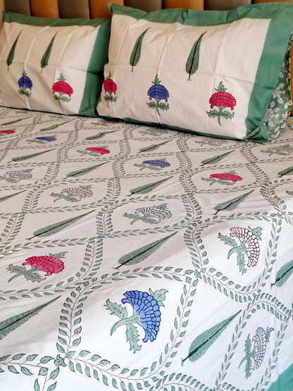 Mughal Block Printed Bedsheet with Two Reversible Pillow Covers