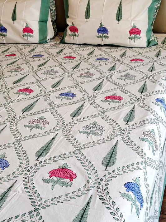 Mughal Block Printed Bedsheet with Two Reversible Pillow Covers