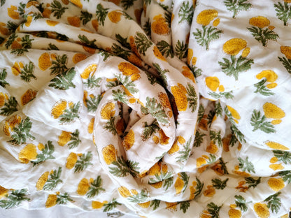 Yellow Genda Hand Block Reversible Double Bed Quilt