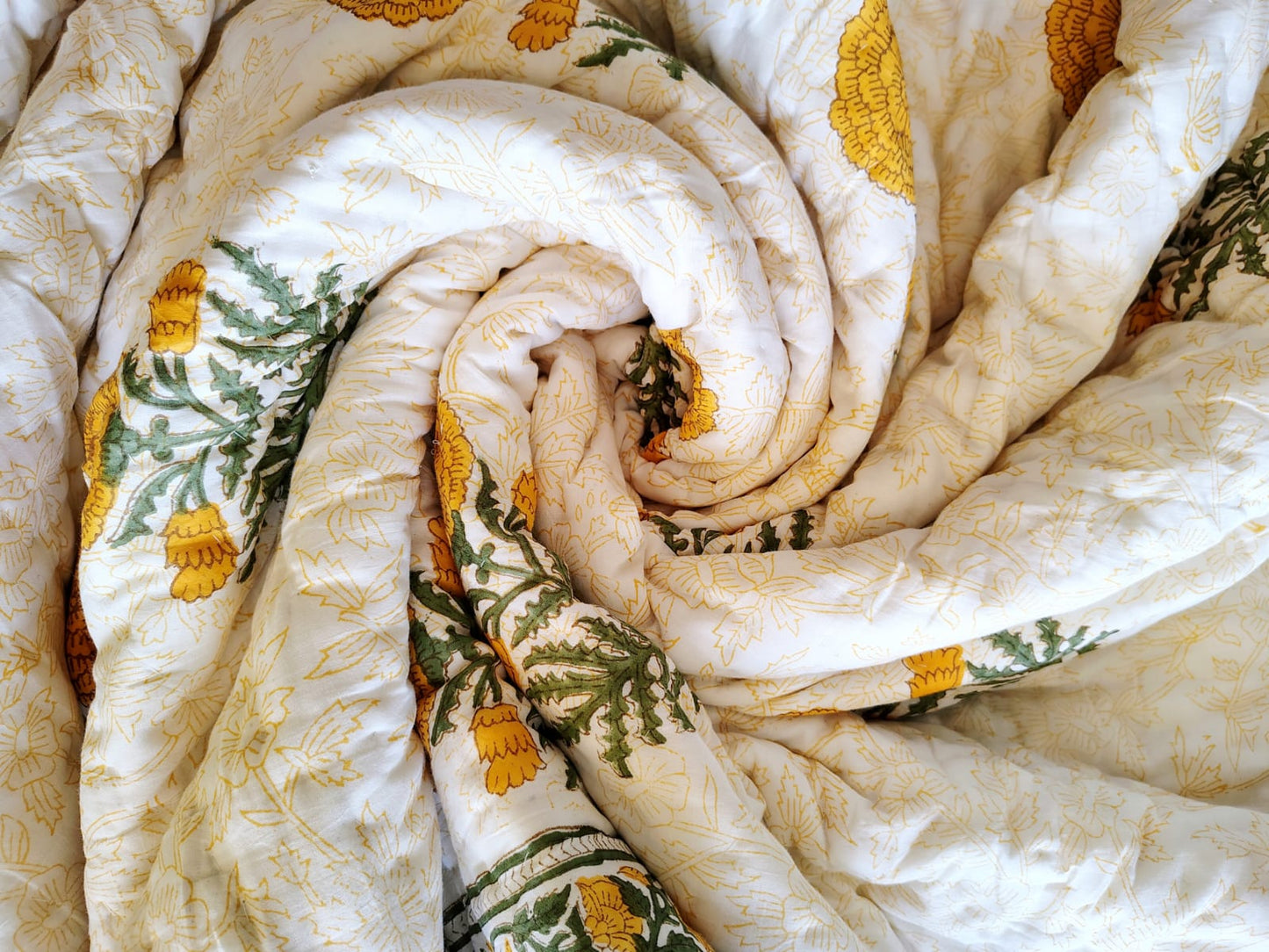 Yellow Genda Hand Block Reversible Double Bed Quilt