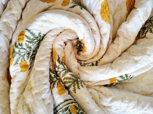 Yellow Genda Hand Block Reversible Double Bed Quilt