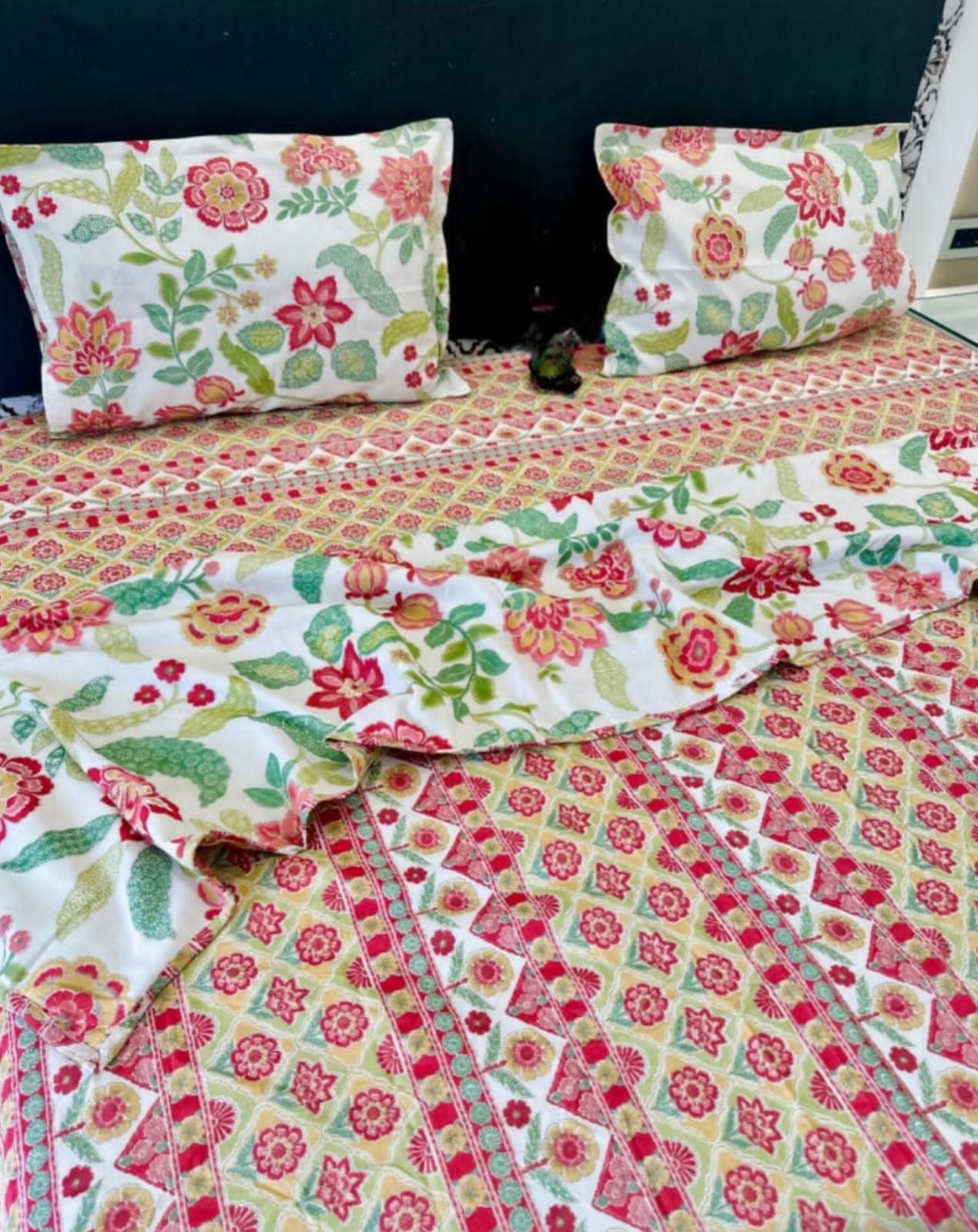 Red Mughal Traditional Printed Bedsheet with Two Reversible Pillow Covers