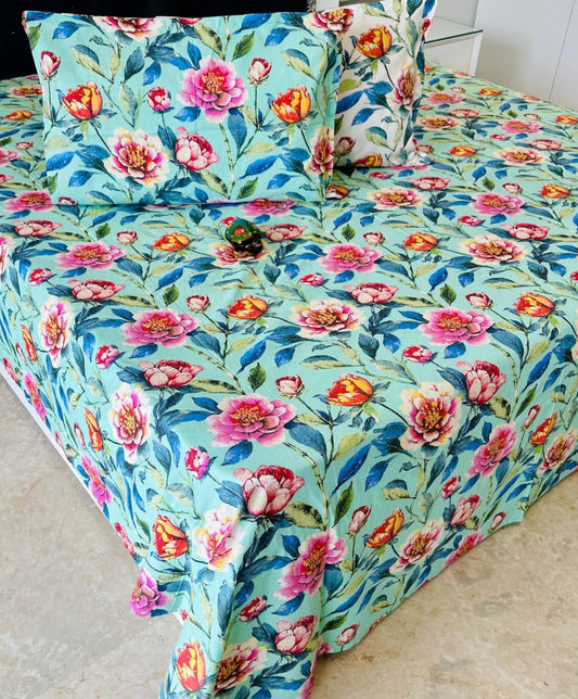 White Floral Traditional Printed Bedsheet with Two Reversible Pillow Covers