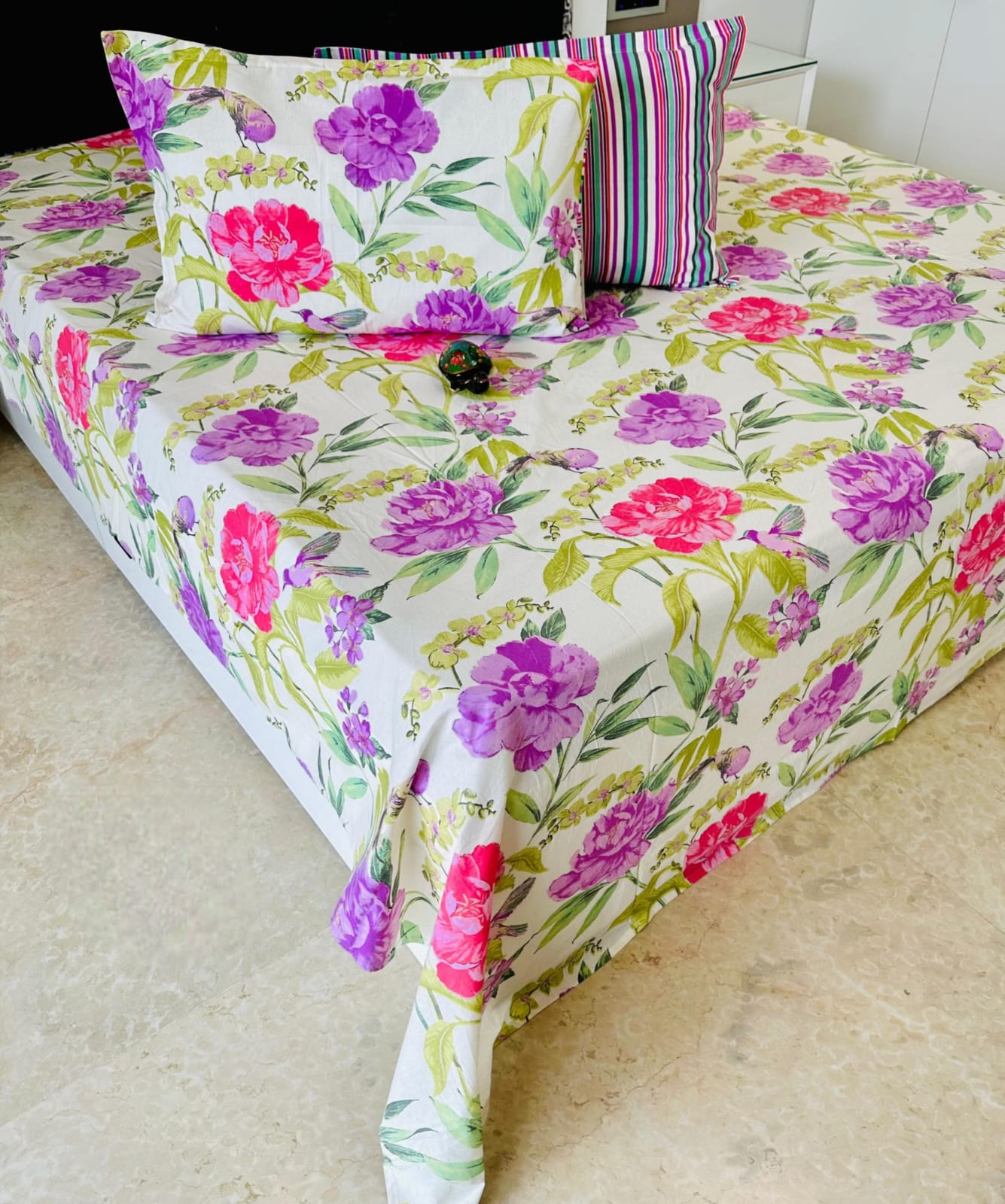 Pink Floral Traditional Printed Bedsheet with Two Reversible Pillow Covers