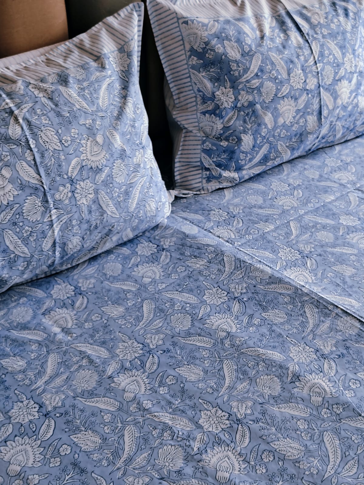 Pastel Blue Block Printed Bedsheet with Two Reversible Pillow Covers - Bichhavans