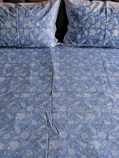 Pastel Blue Block Printed Bedsheet with Two Reversible Pillow Covers - Bichhavans