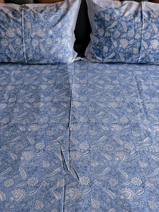 Pastel Blue Block Printed Bedsheet with Two Reversible Pillow Covers - Bichhavans