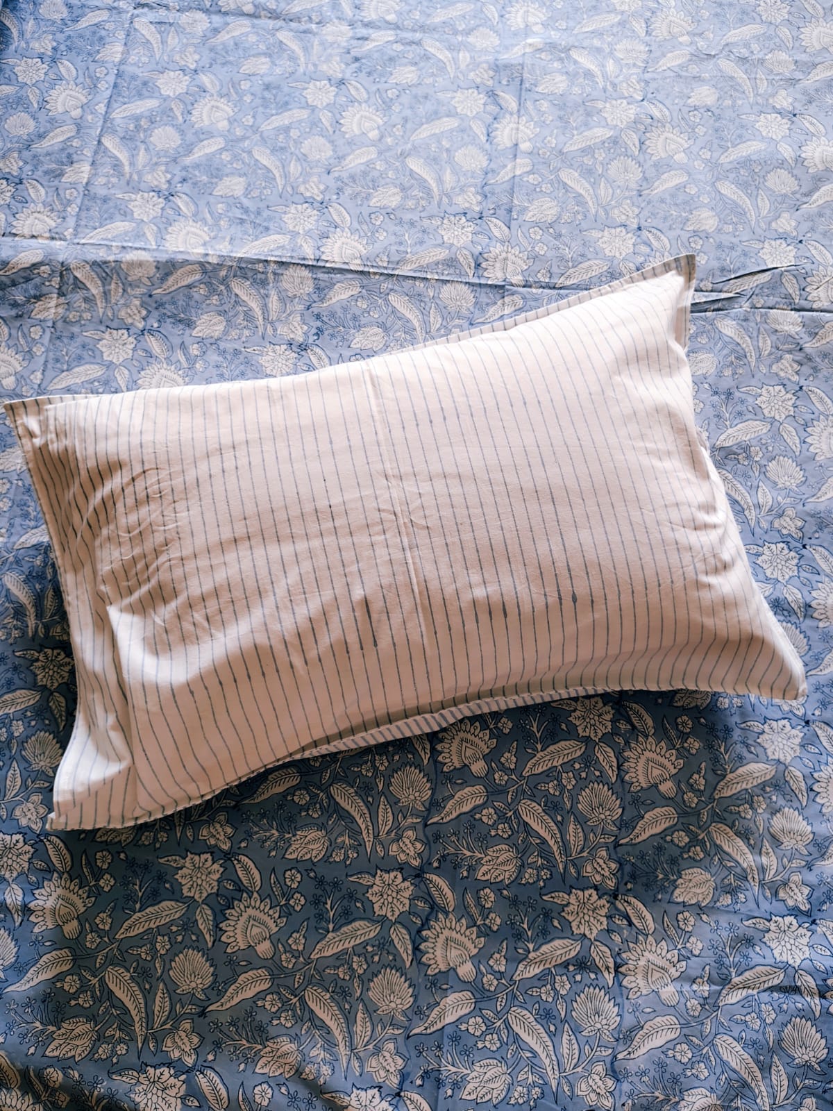 Pastel Blue Block Printed Bedsheet with Two Reversible Pillow Covers - Bichhavans