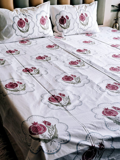 Anaar Block Printed Bedsheet with Two Reversible Pillow Covers - Bichhavans