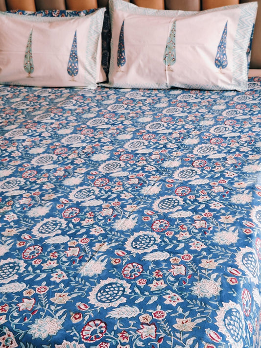 Pine Blue Block Printed Bedsheet with Two Reversible Pillow Covers - Bichhavans